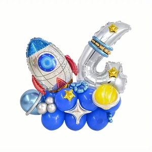 Detailed view of space party balloon set with silver number 2 and rocket foil balloons