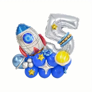 Space-themed 5th birthday balloon set with rocket, silver number 5, and blue latex base