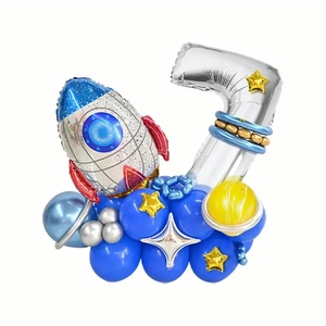 Detailed astronaut party set featuring a silver number 7 balloon and a space rocket