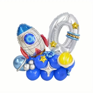 Space-themed party balloon set featuring a silver number 0, rocket, and blue planet base