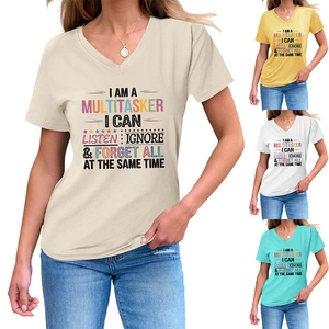 Detail of V-neck short sleeve T-shirts in beige yellow white and blue with slogan print