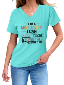 Close-up of V-neck short sleeve tee in teal with humorous multitasker text design
