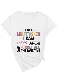 Detail of V-neck white cotton T-shirt with multicolor slogan print and front hem knot