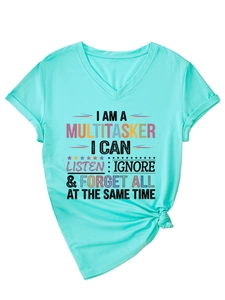 Detail of mint green V-neck T-shirt with front slogan print and stylish front knot hem