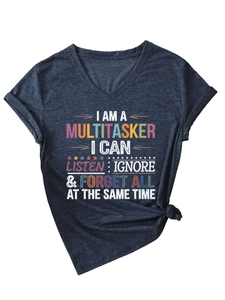 Detail of V-neck short sleeve T-shirt in dark blue with I Am A Multitasker graphic print