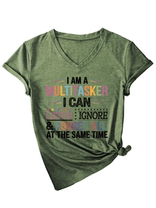 Detail of V-neck dark green t-shirt featuring humor slogan and stylish front knot design