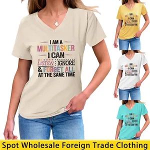 Women V Neck Short Sleeve T Shirt Cotton Blend Multitasker Slogan Graphic Print Casual Loose Fit Top