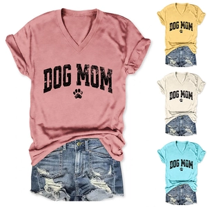 Detail of V-neck Dog Mom T-shirt and distressed denim shorts in multiple color options