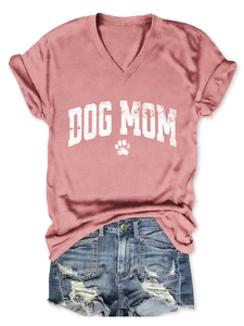 Detail of pink V-neck Dog Mom T-shirt with white paw print print and casual style