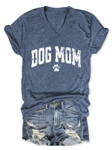 Detail of Dog Mom print and hollow paw design on casual V-neck short sleeve T-shirt