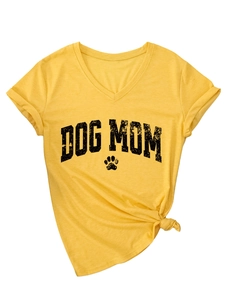 Close-up of ginger V-neck T-shirt with Dog Mom print and stylish knotted hem detail