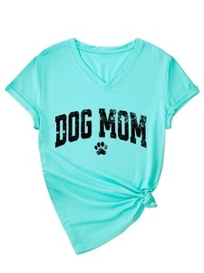 Detail of V-neck mint green T-shirt featuring Dog Mom print and stylish knotted hem