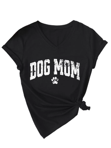 Close-up of V-neck cotton T-shirt featuring a vintage DOG MOM print and front knot detail