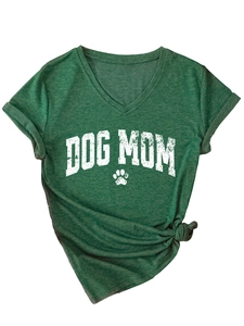 Detail of V-neck dark green T-shirt featuring Dog Mom print and stylish front knot hem