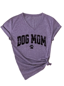 Detail of purple V-neck t-shirt with DOG MOM slogan and knotted hem styling