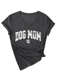 Close-up of charcoal gray V-neck T-shirt featuring a white mottled Dog Mom and paw print