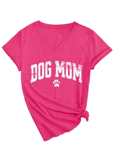 Detail of Dog Mom print and side knot on this women's V-neck rose red T-shirt