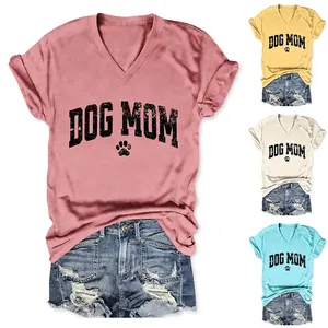 Dog Mom Graphic Print Women V-Neck T-Shirt Casual Short Sleeve Cotton Blend Summer Loose Fit Tee Top