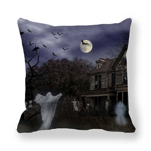 Halloween pillowcase featuring haunted house, ghost, and full moon on dark background