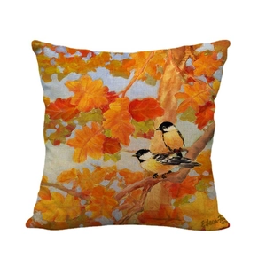 Linen pillow cover with autumn oil painting featuring orange maple leaves and birds