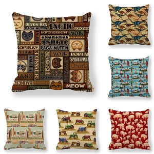 Collage of decorative linen pillowcases with animal prints and vintage illustrations