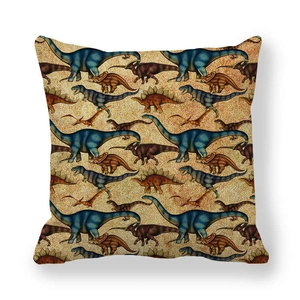 Detailed close-up of vintage dinosaur pattern linen cushion cover with warm earth tones