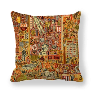 Macro detail of vintage collage print linen cushion cover featuring astronaut and fish patterns