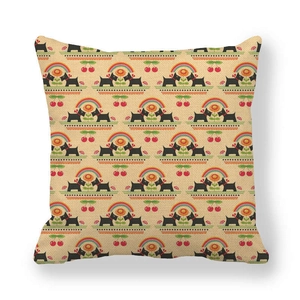 Detailed macro shot of linen throw pillow case with Scottish Terrier and cherry print