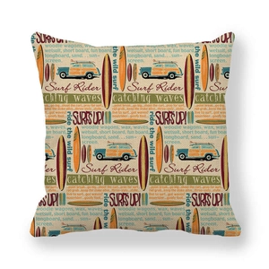 Close-up of vintage surf style print with classic woody car on a square linen pillowcase