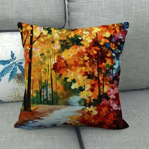 Artistic oil painting landscape linen pillowcase featuring warm autumn river scenery