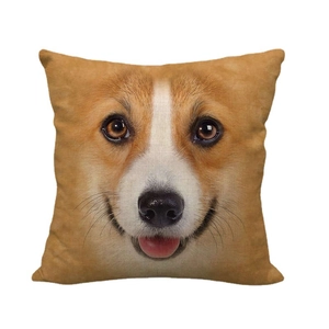 Linen cushion cover with realistic Corgi dog face print and cute smiling expression