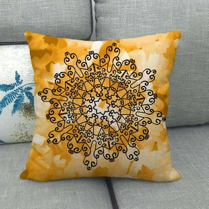 Housse de coussin en lin avec motif mandala géométrique sur fond orange artistique