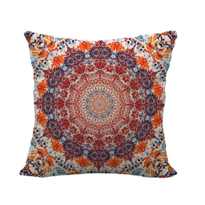 Square linen pillowcase with colorful geometric mandala pattern in bohemian style