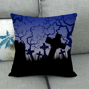 Halloween owl series cushion cover with cemetery silhouette on a gray sofa