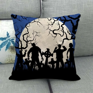 Halloween pillow cover with graveyard silhouette and full moon on linen fabric cushion