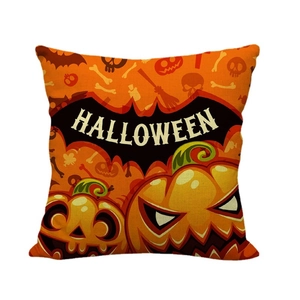 Halloween orange linen square pillow cover featuring pumpkin and bat patterns