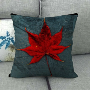 Linen maple leaf throw pillow cover on grey sofa for Thanksgiving autumn home decor