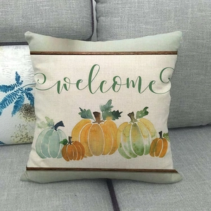 Autumn watercolor pumpkin linen pillowcase featuring artistic Welcome lettering design