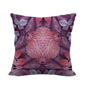 Linen decorative throw pillow cover featuring purple geometric mandala floral pattern