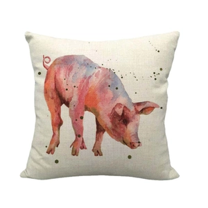Square home decorative pillowcase featuring a colorful watercolor pig art illustration