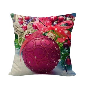 Linen Christmas pillow case with red bauble, pine branches and berries pattern