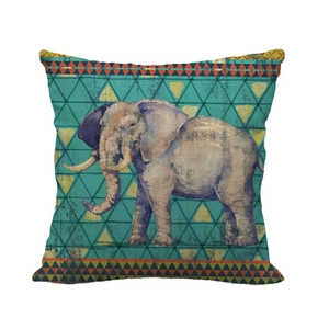 Vintage elephant linen pillowcase with teal background and ethnic geometric patterns