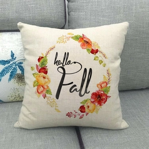 Linen autumn throw pillow case with hello fall slogan and colorful floral wreath design