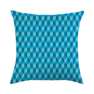 Dettaglio trama federa in lino con motivo geometrico 3D a griglia blu e azzurro