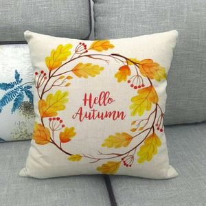 Linen autumn throw pillow cover with maple leaf wreath and Hello Autumn text design