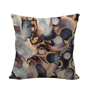 Square marble linen pillowcase with purple abstract fluid art and golden textures