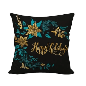Square black linen pillowcase with gold Happy Holidays floral print on white background