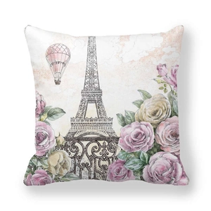 Funda de cojín de piel de melocotón con la Torre Eiffel, globo y rosas sobre fondo blanco