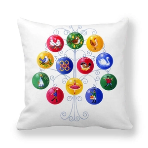 Christmas Peach Skin Pillow Case with 12 Days of Christmas Tree Illustration on White Square Cover