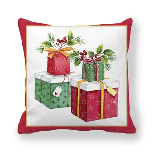 Christmas peach skin pillow case with watercolor gift boxes and holly on white background